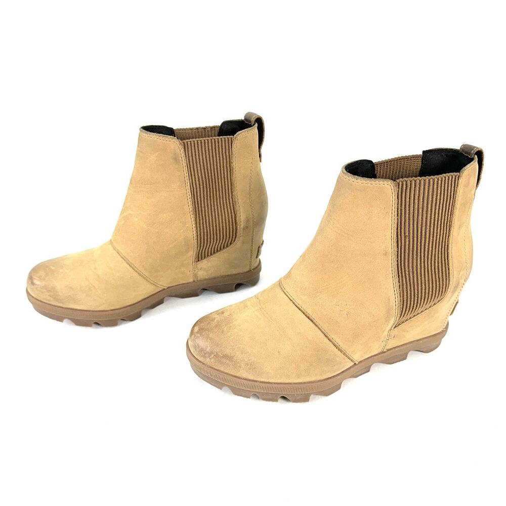Sorel Boots Womens 7 Joan of Arctic Chelsea Brown Leather Wedge Heels NL3022-224